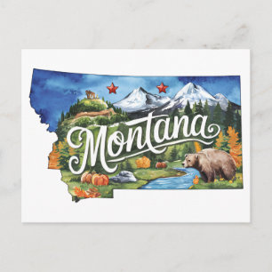Montana USA State Shaped Vintage Watercolor Postcard