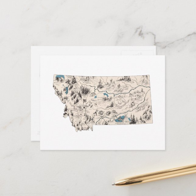 Montana Vintage Picture Map Antique State Chart Postcard (Front/Back In Situ)