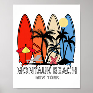 Montauk Beach New York Retro Surfboard Vintage Poster