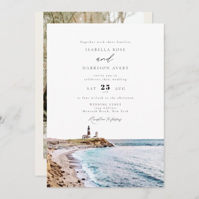 MONTAUK Lighthouse New York Watercolor Wedding  Invitation (Front/Back)