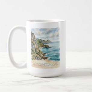 Montauk Lighthouse Watercolor Beach Scene Sandy Coffee Mug