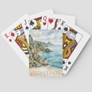 Montauk Lighthouse Watercolor Beach Scene Sandy Playing Cards