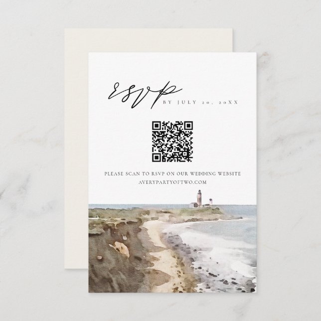 MONTAUK New York Watercolor QR Code RSVP Card (Front/Back)