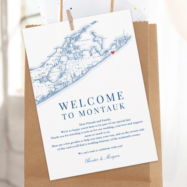Montauk NY Map Wedding Welcome Letter Navy Blue Thank You Card (Montauk NY Map Wedding Welcome letter and weekend events itinerary for an elegant navy blue wedding )