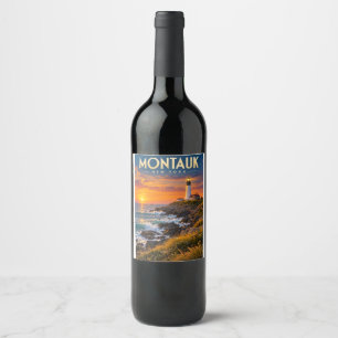 Montauk Point Lighthouse Sunset New York Wine Label