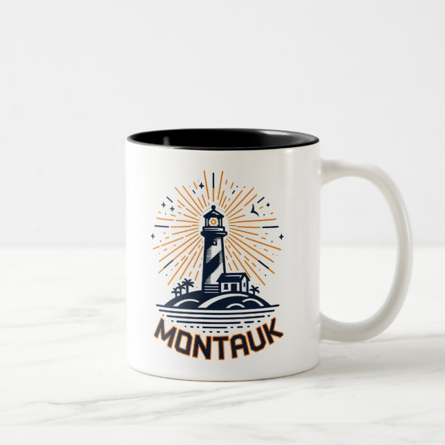 Montauk Point New York Lighthouse Sunrise Two-Tone Coffee Mug (Right)