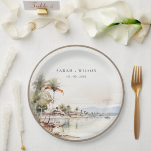 Montego Bay Jamaica Watercolor Landscape Wedding Paper Plate