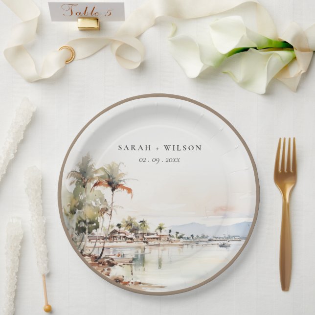 Montego Bay Jamaica Watercolor Landscape Wedding Paper Plate (Wedding)