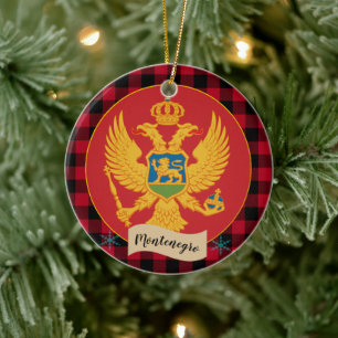 Montenegro Flag, Red buffalo plaid, patriotic Ceramic Tree Decoration