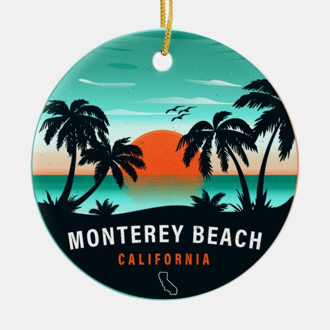 Monterey Beach California Retro Sunset Souvenirs Ceramic Tree Decoration (Front)