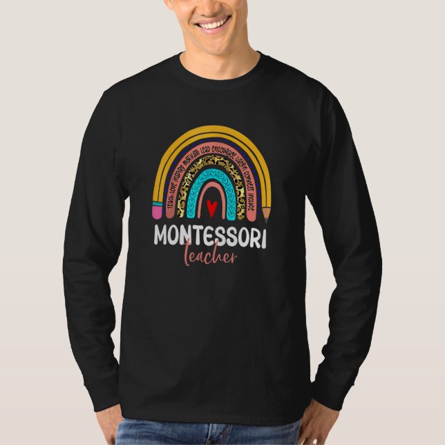 Montessori Teacher Leopard Rainbow Back To School  T-Shirt (Front)
