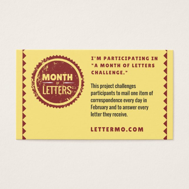 Month of Letters Challenge explanation card (Front)