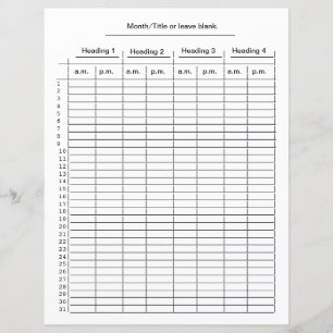 Monthly 4 column chart for a.m. p.m. charts