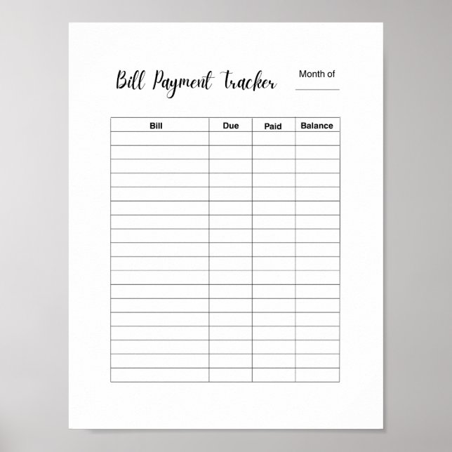 Monthly Bill Payment Tracker Log Poster (Front)