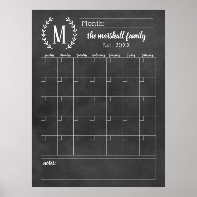 Monthly Family Calendar | Chalkboard Monogram Poster (Front)