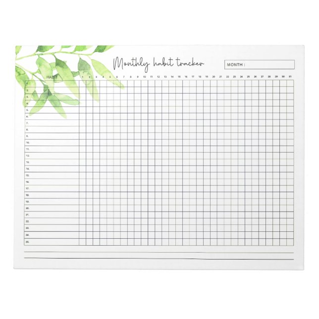 Monthly Habit Tracker Watercolor Green Leaves Notepad (Front)