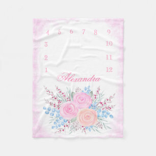 Monthly Milestone Watercolor Pink Roses Baby Girl Fleece Blanket
