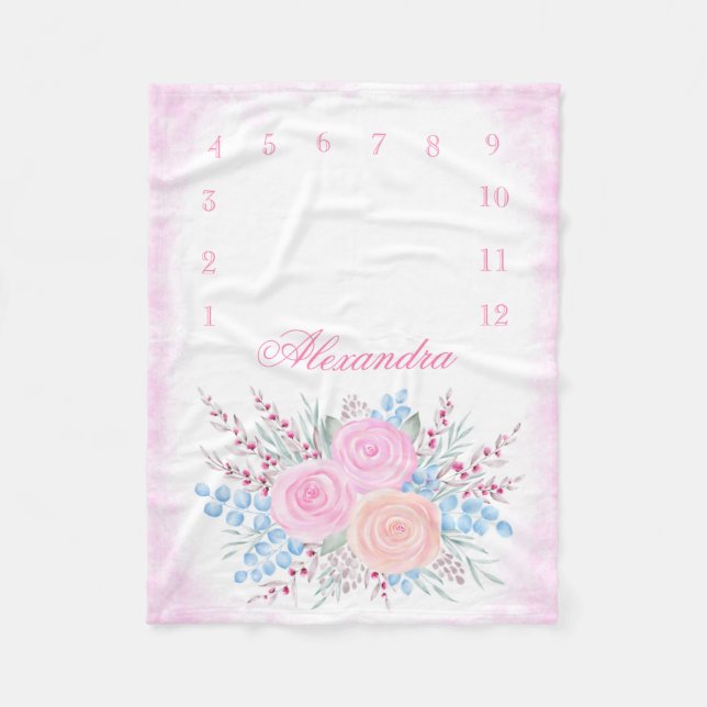 Monthly Milestone Watercolor Pink Roses Baby Girl Fleece Blanket (Front)