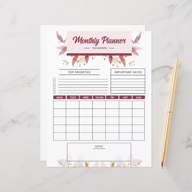 Monthly Planner Printable template (Front/Back In Situ)