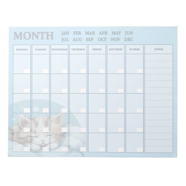 Monthly Planner with Sleepy Kitty Notepad (Front)