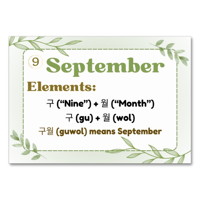 Months in Korean Hangul (Flash Cards) Table Number (Front)