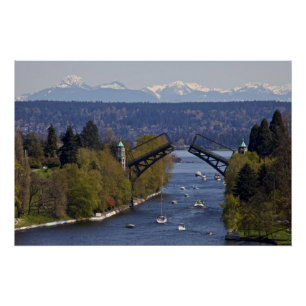 Montlake Bridge and Cascade Mountains Poster