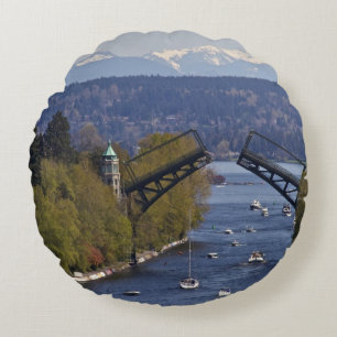 Montlake Bridge and Cascade Mountains Round Cushion