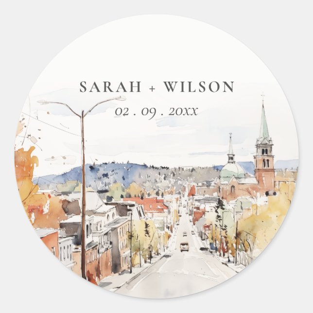 Montpelier City Scape Vermont Watercolor Wedding Classic Round Sticker (Front)