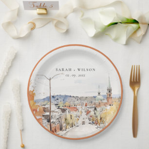 Montpelier City Scape Vermont Watercolor Wedding Paper Plate
