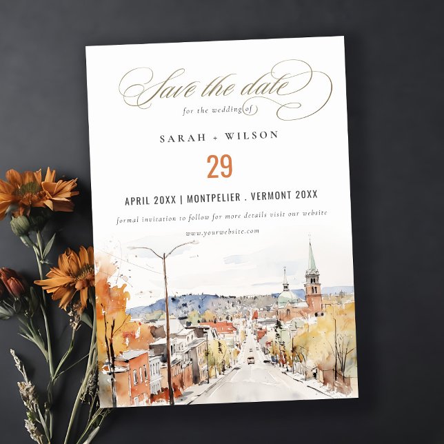 Montpelier City Scape Vermont Watercolor Wedding Save The Date (Creator Uploaded)