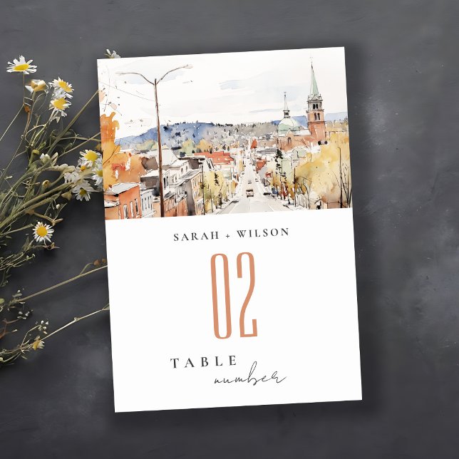 Montpelier City Scape Vermont Watercolor Wedding Table Number (Creator Uploaded)