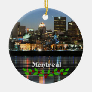 Montreal Skyline with green and red holly Ceramic Tree Decoration