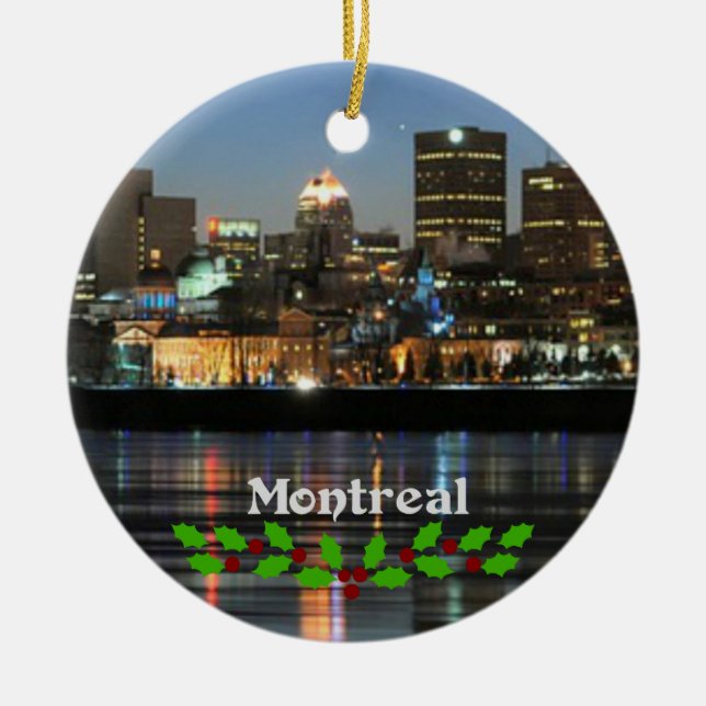 Montreal Skyline with green and red holly Ceramic Tree Decoration (Front)