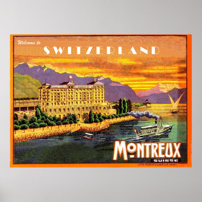Montreux, lake Geneva, Switzerland, vintage travel Poster (Front)