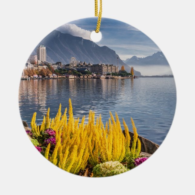 Montreux, Switzerland, Beautiful Lake Geneva View  Ceramic Tree Decoration (Front)