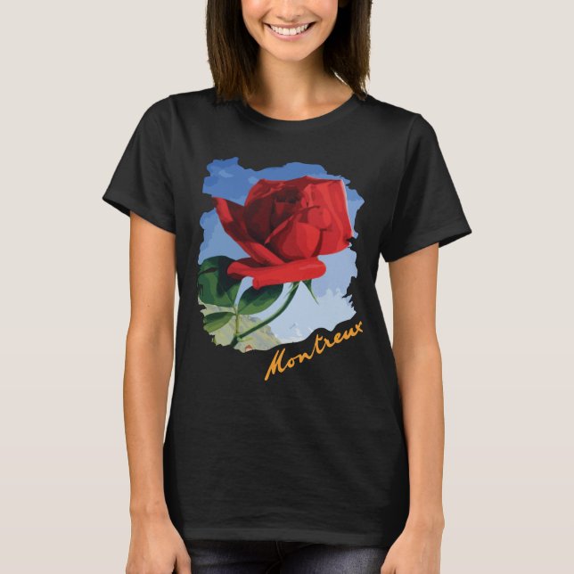 Montreux Switzerland Red Rose Blue Travel T-Shirt (Front)