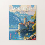 Montreux Switzerland Travel Art Vintage Jigsaw Puzzle<br><div class="desc">Montreux retro vector travel design. Montreux is a traditional resort town on Lake Geneva. Nestled between steep hills and the lakeside.</div>