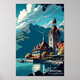Montreux Switzerland vintage travel illustration Poster