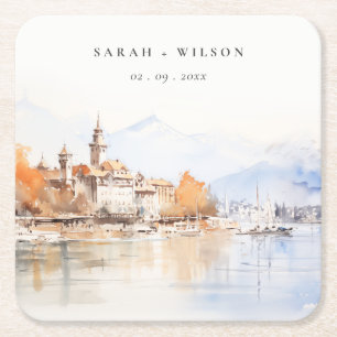 Montreux Switzerland Watercolor Landscape Wedding Square Paper Coaster