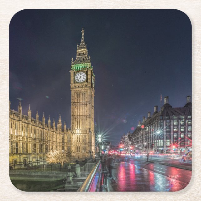 Monuments | Big Ben at Night Square Paper Coaster (Front)