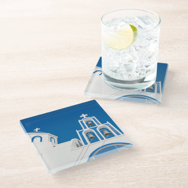 Monuments | Greek Blue Dome Church Glass Coaster (Angled)