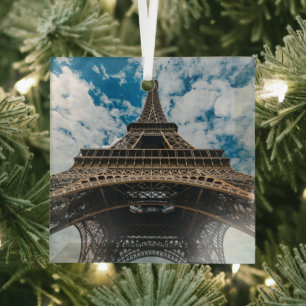 Monuments   Looking Up at the Eiffel Tower Glass Tree Decoration