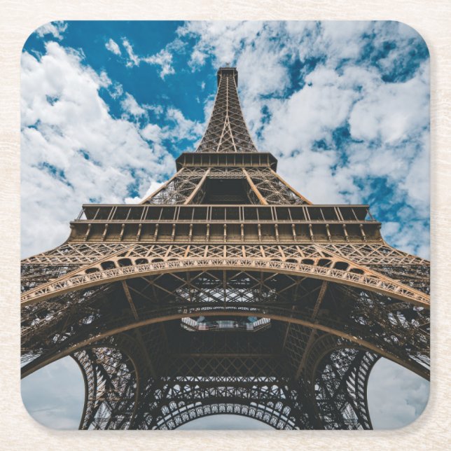 Monuments | Looking Up at the Eiffel Tower Square Paper Coaster (Front)
