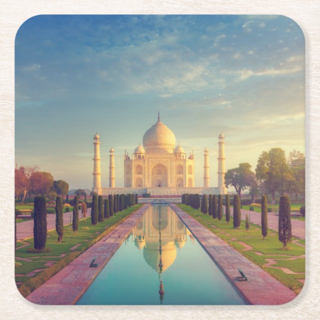 Monuments | Taj Mahal Colours Square Paper Coaster (Front)