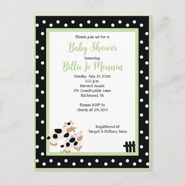 Moo Cow Black white Green Baby Shower Invitation Postcard (Front)