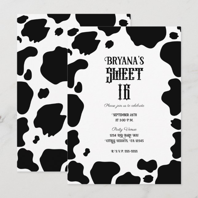 Moo Cow Spots Print Black & White Rustic Sweet 16  Invitation (Front/Back)