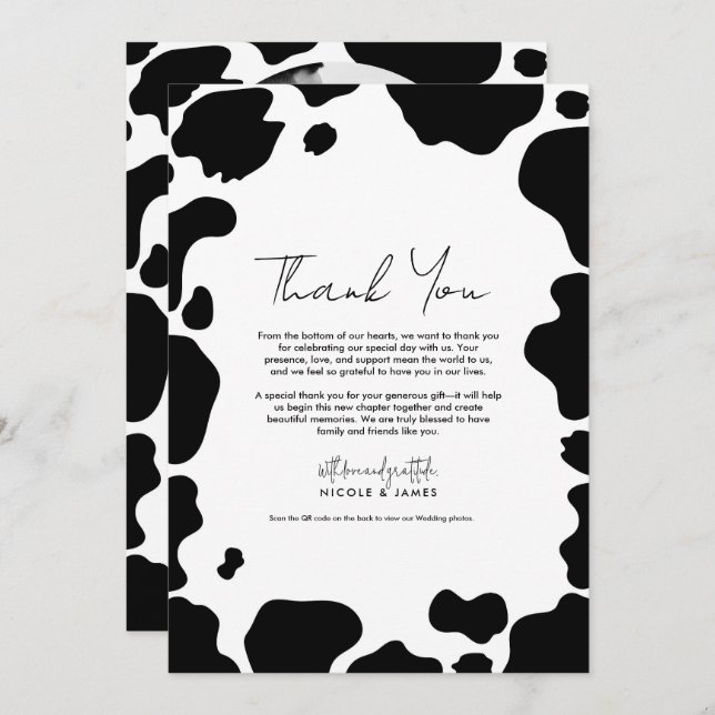 Moo Cow Spots Print Black White Thank You Invitation (Front/Back)