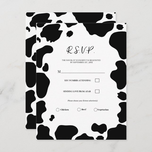 Moo Cow Spots Print Black & White Wedding RSVP Invitation (Front/Back)