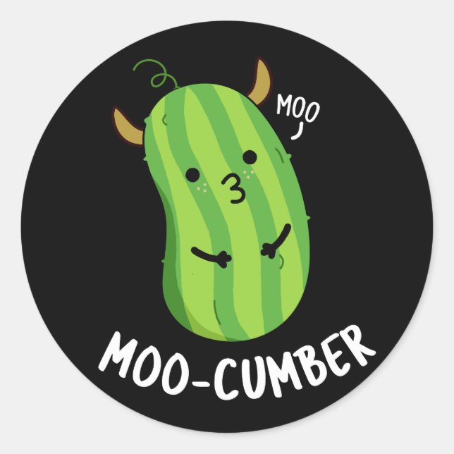 Moo-cumber Funny Veggie Cucumber Pun Dark BG Classic Round Sticker (Front)
