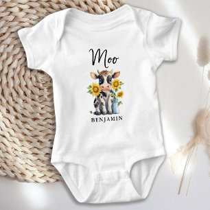 Moo Cute Cow Sunflowers Personalised Farm Animal Baby Bodysuit
